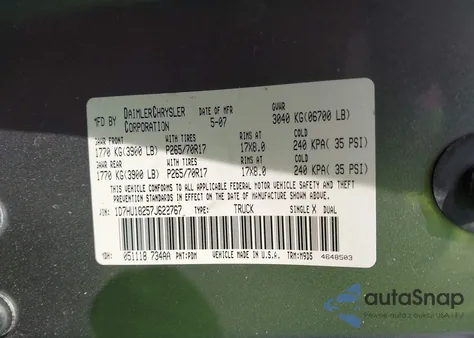 2007 Dodge Ram 1500 Slt/Trx4 Off Road/Sport из США, поврежденный, VIN 1D7HU18257J622767